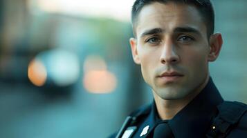 Close-up Portrait of a Focused Male Police Officer in Uniform with a Serious Expression and Blurred Urban Background in Soft Natural Light photo