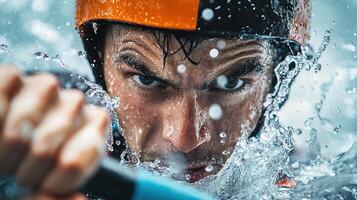 Intense Close-Up of a White Water Kayaker Navigating Rapids with Focused Expression and Splashing Water Around Him in a Dynamic Adventure Scene photo