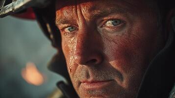Intense Close-Up of a Firefighter in Action Capturing the Grit and Determination of Heroes Battling Flames and Smoke in a Dramatic Environment photo