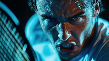 Intense Male Tennis Player Displaying Determination and Focus During Match with Sweat and Dramatic Lighting in Close-up Shot photo