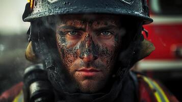 Determined Firefighter with Soot-Streaked Face in Intense Environment Capturing Valor, Grit, and Courage Amidst Challenging Rescue Operation photo