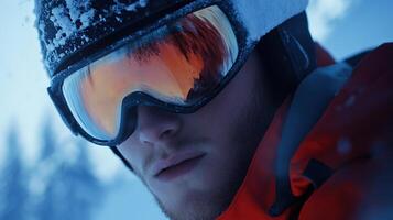 Close-up Portrait of a Male Snowboarder in an Orange Jacket with Reflective Goggles Against a Winter Landscape, Conveys Adventure and Boldness photo