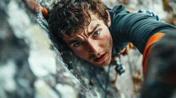 Determined Climber Reaching for New Heights on Steep Rock Face with Intense Expression and Climbers Gear in Challenging Outdoor Environment photo
