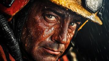 Determined Firefighter in Rain with Muddy Face Displaying Resilience and Grit in Challenging Conditions photo