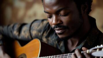Focused musician playing acoustic guitar in a serene indoor setting with natural light highlighting emotional expression and artistry in a soulful performance photo