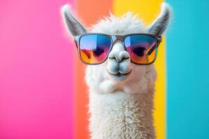 Funny Llama Wearing Sunglasses in a Bright and Vibrant Setting Perfect for Social Media Posts photo
