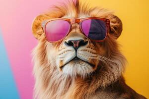 Amusing Lion with Sunglasses Captured in a Vivid Environment Perfect for Creative Projects photo