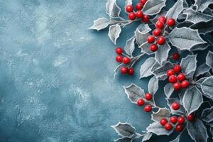 Close-up of Frosted Holly Leaves with Bright Red Berries Perfect for Holiday Designs photo