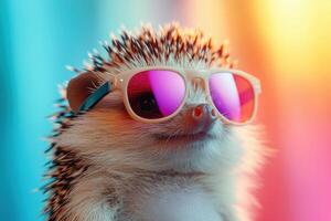 Humorous Hedgehog Sporting Stylish Sunglasses in a Bright Environment Ideal for Fun and Whimsical Content photo
