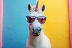 Funny Unicorn Wearing Sunglasses in a Studio Perfect for Whimsical and Cheerful Projects photo