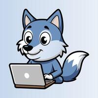 Cozy Wolf Enjoying a Productive Laptop Session vector