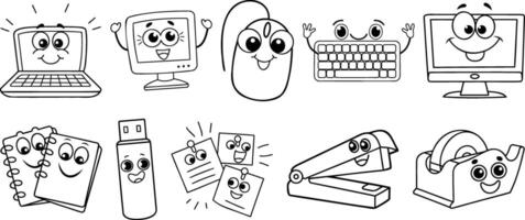 Cute Office and Computer Doodle Set with Smiling Accessories vector