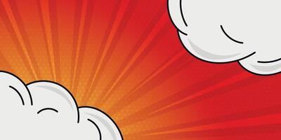 Abstract Gradient Comic Background with Clouds and Dots, Burst, Pop Art Style, Manga, Cartoon, Red, Yellow, Retro vector