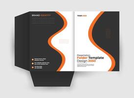 An orange and black foldable brochure with a wave design vector