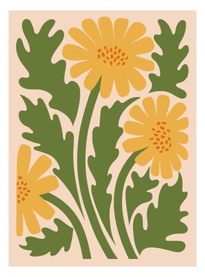 Yellow dandelion flowers with green leaves on a soft peach background. Flower poster for wall art for home decoration. Hand drawn illustration.