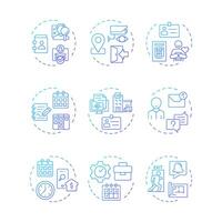 Visitor management blue gradient concept icons. Access control, alert notification. Safety, security. Icon pack. Round shape illustrations in infographic, presentation. Abstract idea vector