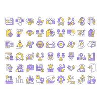 Competitive strategy RGB color icons set. Comparing business advantage to best competitors. Company growth. Isolated illustrations. Simple filled line drawings collection. Editable stroke vector