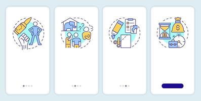 Problem solving onboarding mobile app screen. Risk management Walkthrough 4 steps editable graphic instructions with linear concepts. UI, UX, GUI template vector