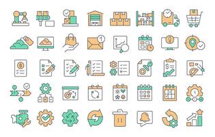 Material resource planning RGB color icons set. System of manufacturing scheduling and inventory management. Isolated illustrations. Simple filled line drawings collection. Editable stroke vector