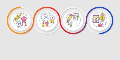 Corporate workflow management infographics circles sequence. Problem solving, time control. Visualization layout with 4 steps. Info chart loop process presentation vector