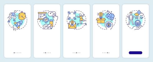 Business strategy onboarding mobile app screen. Walkthrough 5 steps editable graphic instructions with linear concepts. UI, UX, GUI template vector