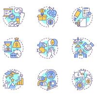 Business idioms multi color concept icons. Workflow organization. Teamwork management. Icon pack. Round shape illustrations for infographic, presentation. Abstract idea vector
