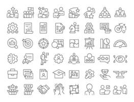 Line management linear icons set. Employees of manufacture and delivery supervision. Business career. Customizable thin line symbols. Isolated outline illustrations. Editable stroke vector