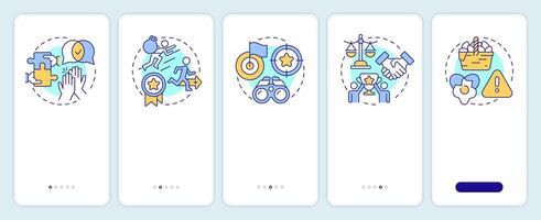 Teamwork leadership onboarding mobile app screen. Walkthrough 5 steps editable graphic instructions with linear concepts. UI, UX, GUI template vector