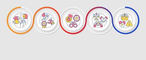 Corporate teamwork management infographics circles sequence. Goal achieving, milestone. Visualization layout with 5 steps. Info chart loop process presentation vector