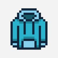 A pixel hoodie in a bright blue color, has a front pocket and a hood with drawstrings. vector