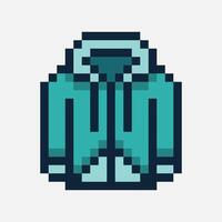 A pixel zipper hoodie or jacket in a teal color, has a front pocket and a hood with drawstrings. vector