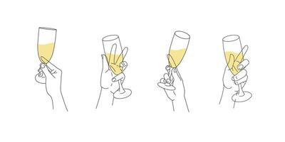 Set of hands holding champagne flutes. Minimalistic modern illustration with simple black outline and yellow color isolated on white. Celebrating and toasting at a special occasion vector