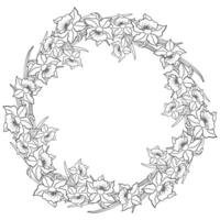 Hand Drawn Round Daffodil Flower Frame In Line Art Style vector