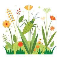 A grasshopper is standing in the grass with flowers and grass vector