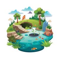 Creative illustration of a pond with a bird and fish design on a white background vector