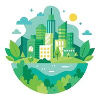 an illustration of a city with green trees and buildings on a white background vector