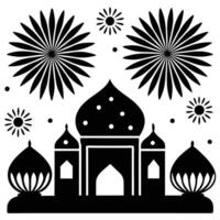 a black and white silhouette of a mosque with fireworks design on a white background vector