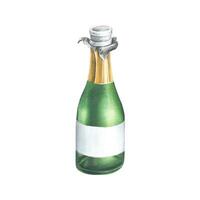 An open green bottle with champagne, a golden wrapper and an empty white label. Watercolor illustration, hand drawn. Isolated object on a white background. vector