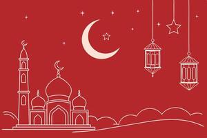 Elegant Business Graphic featuring a Mosque, Crescent moon, Star and Lanterns on a red background vector