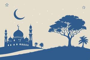 Elegant Mosque Silhouette with Crescent Moon and Starry Sky Ideal for Business Purposes vector