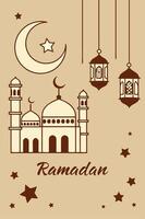 Ramadan themed design with a mosque, crescent moon, stars, and traditional lanterns for business purposes vector