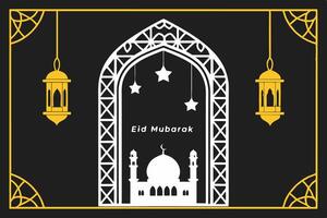 Eid Mubarak card template with mosque design, hanging stars, yellow frames for business use vector