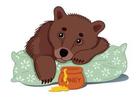 A cute little bear lies on a pillow with a pot of honey. Hand-drawn colorful flat illustration. vector