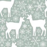 Seamless pattern with silhouettes of deer and snowflakes. vector
