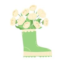 Bouquet of white peonies in a green rubber boot on a rainy day vector