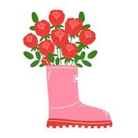 Bouquet of red roses in a pink rubber boot with a red sole for spring rain vector