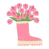 Bouquet of pink tulips in a pink rubber boot for spring rain vector