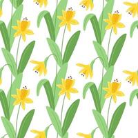 Seamless spring pattern with yellow daffodils and green leaves on white background vector