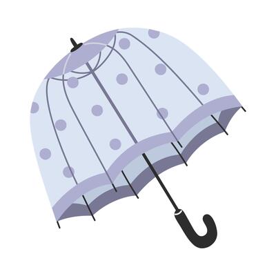 Transparent Open Umbrella with Blue Polka Dots on Automatic Button Against a White Background for Spring Designs