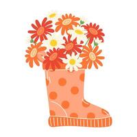 Bouquet of orange, white, and red gerberas in an orange rubber boot on a rainy day vector